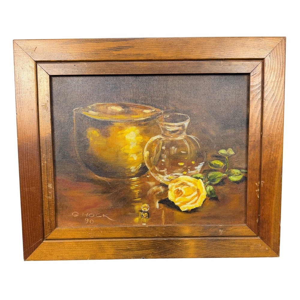 VTG Original Oil Painting Still Life Yellow Rose Brass Vessel Signed G Hock 1990 - Picture 2 of 16